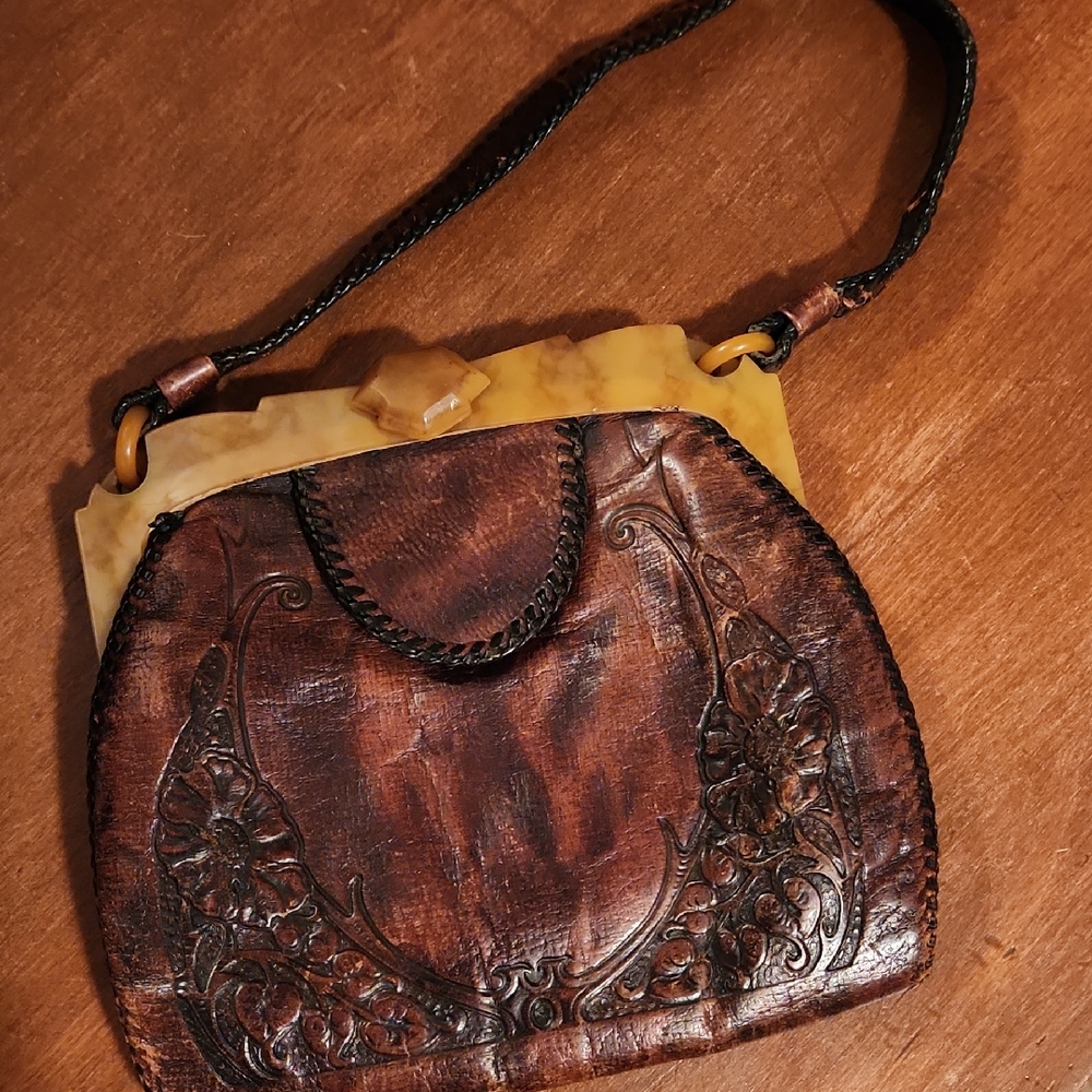 Vintage 1920s Elegant Brown Leather Handbag - Picture 1 of 12